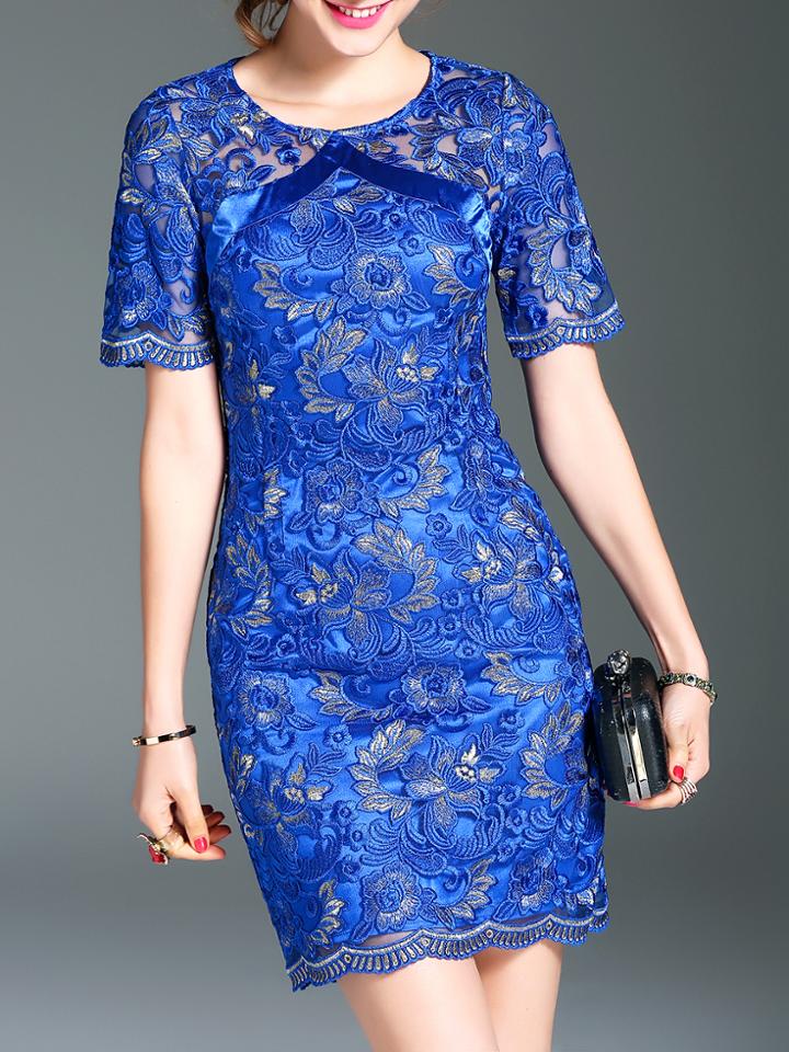 Shein Blue Gauze Flowers Embroidered Dress