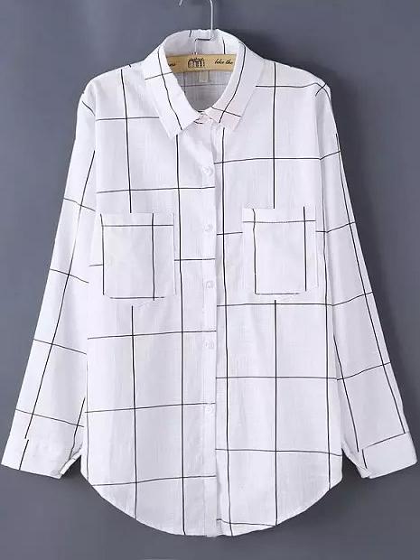 Shein Lapel Plaid Checked Pockets Blouse