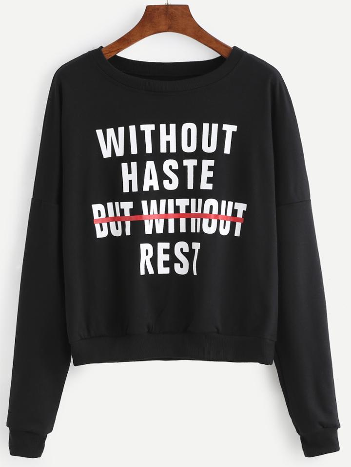 Shein Black Slogan Print Drop Shoulder Sweatshirt