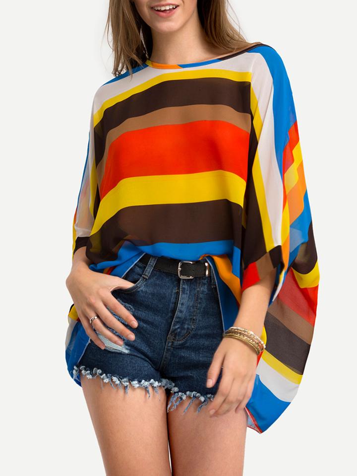Shein Color Block Chiffon Poncho Blouse