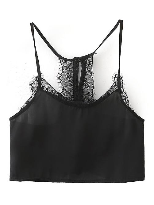 Shein Black Buttons Back Lace Splicing Spaghetti Strap Camis Top