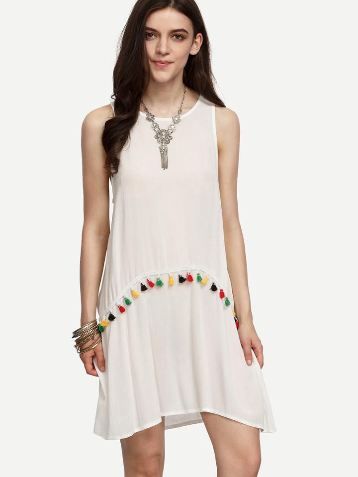 Shein White Tassel Decorated Sleeveless Shift Dress