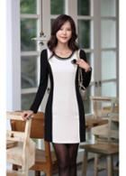 Rosewe Color Contrast Round Neck Long Sleeve Dress For Work