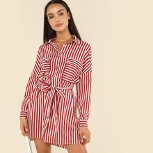 Shein Flap Pocket Front Belted Striped Shirt Dress