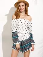 Shein White Retro Print Off The Shoulder Romper