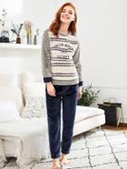 Shein Letter Embroidered Striped Plush Pullover & Pants Pj Set