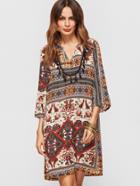 Shein Multicolor Tribal Print Fringe Trim 3/4 Sleeve Dress