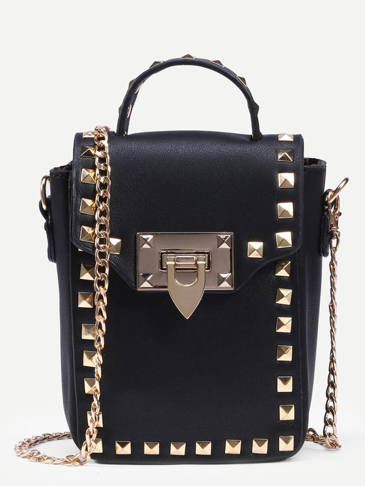 Shein Black Studded Box Handbag With Chain