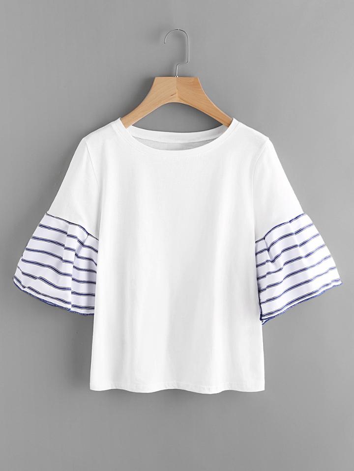 Shein Contrast Striped Flute Sleeve Tee