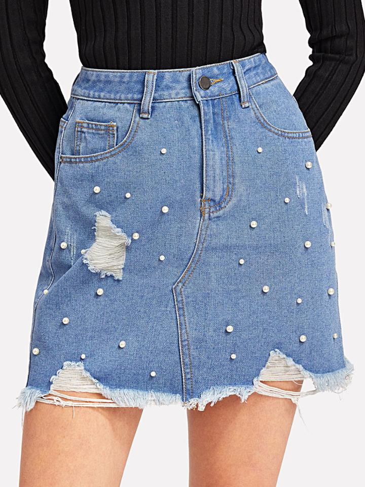 Shein Pearl Beaded Raw Hem Skirt