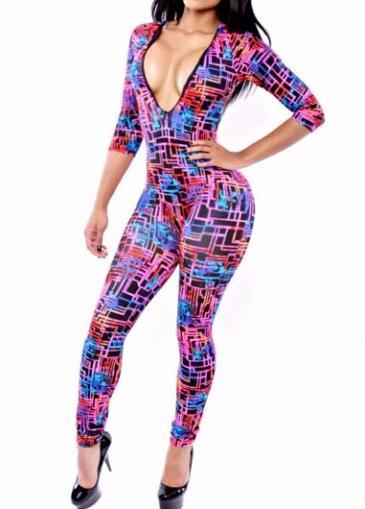 Rosewe Charming V Neck Print Design Ankle Length Jumpsuit
