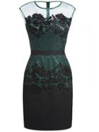 Shein Dark Green Round Neck Sleeveless Contrast Gauze Embroidered Dress