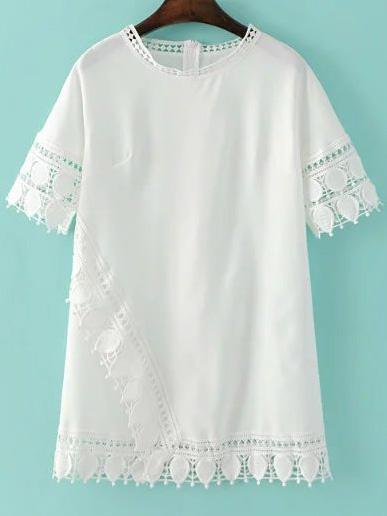 Shein White Short Sleeve Zipper Back Lace Trim Shift Dress