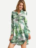 Shein Green Long Sleeve Leaves Print Shirt Dress
