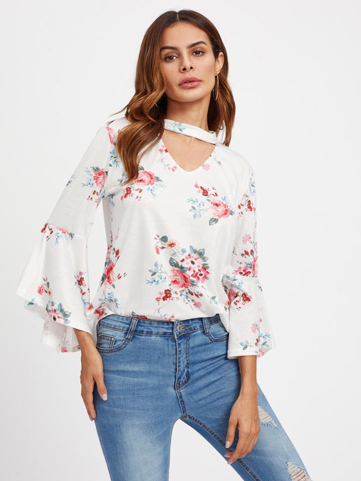 Shein V Cut Choker Neck Fluted Sleeve Florals Tee