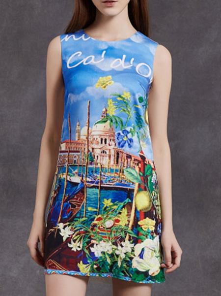 Shein Multicolor Crew Neck Landscape Shift Dress