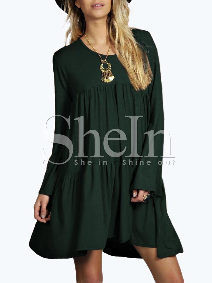 Shein Dark Green Round Neck Pleated Babydoll Dress