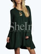 Shein Dark Green Round Neck Pleated Babydoll Dress