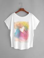 Shein White Watercolor Painting Print Dolman Sleeve T-shirt