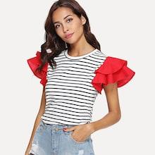 Shein Contrast Layered Sleeve Striped Tee