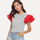 Shein Contrast Layered Sleeve Striped Tee