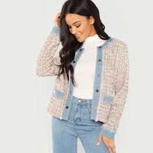 Shein Denim Trim Button Up Tweed Jacket