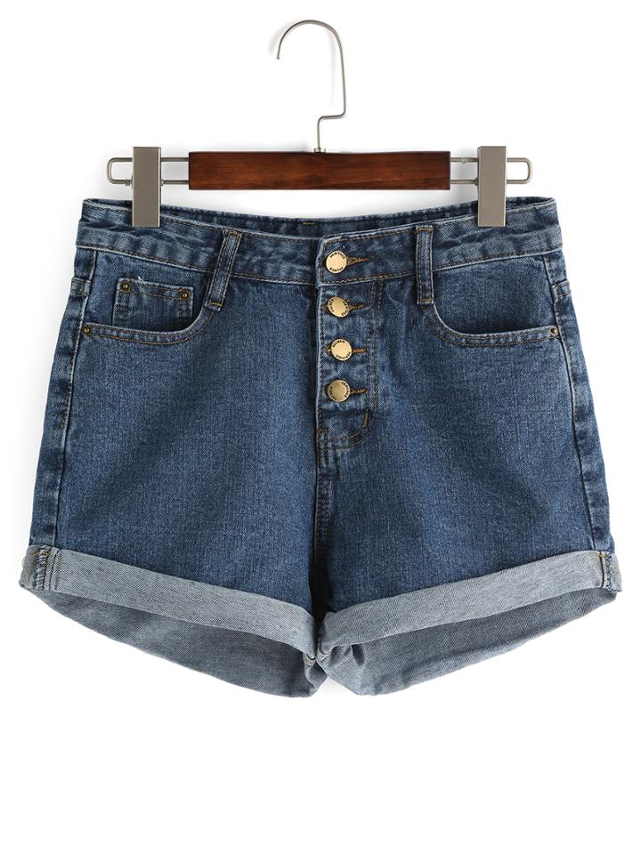 Shein Buttoned Fly Roll Hem Denim Shorts