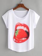 Shein White Lip And Strawberry Print Dolman Sleeve T-shirt