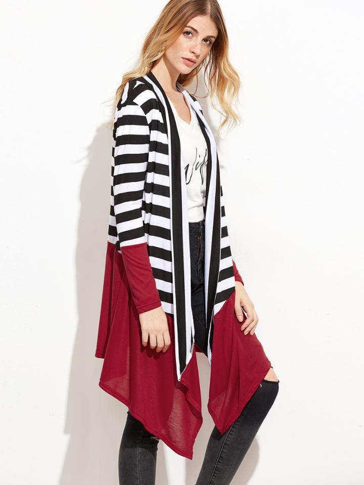 Shein Contrast Striped Shawl Collar Asymmetric Coat