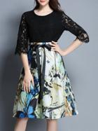 Shein Butterfly Print Contrast Lace Dress