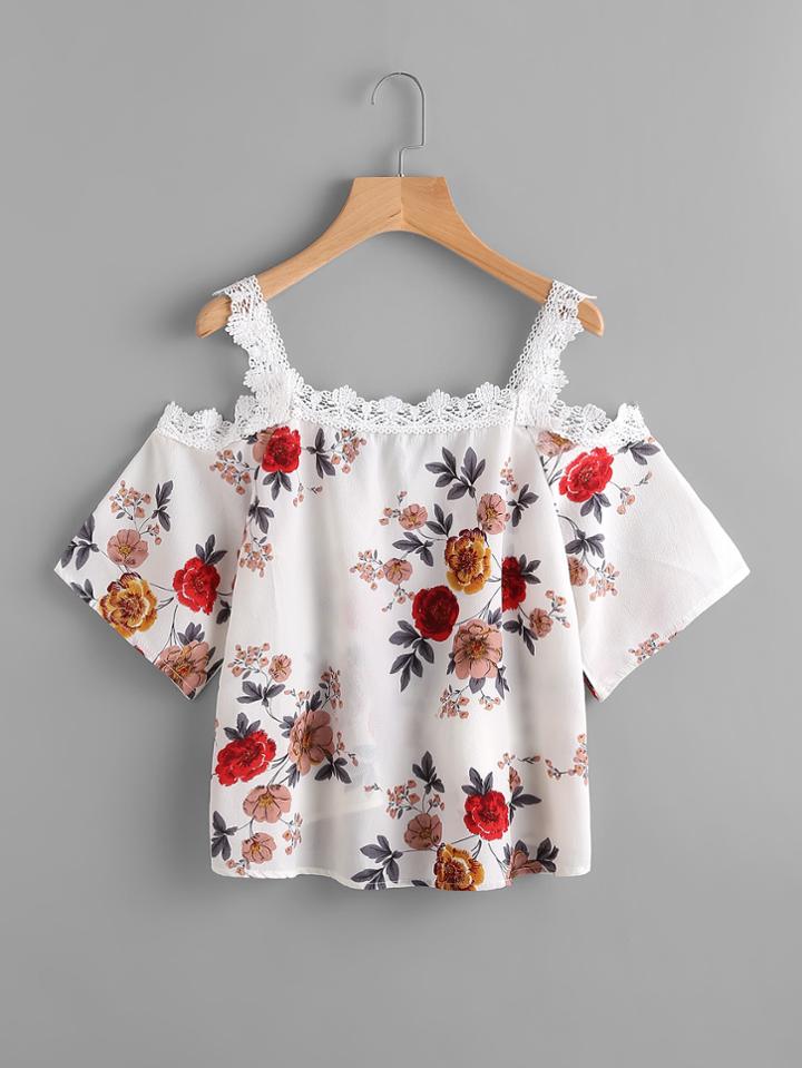 Shein Random Florals Lace Trim Dip Hem Top