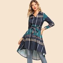 Shein Tie Waist Longline Plaid Shirt