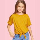 Shein Girls Knot Front Roll Up Sleeve Pearl Beading Top