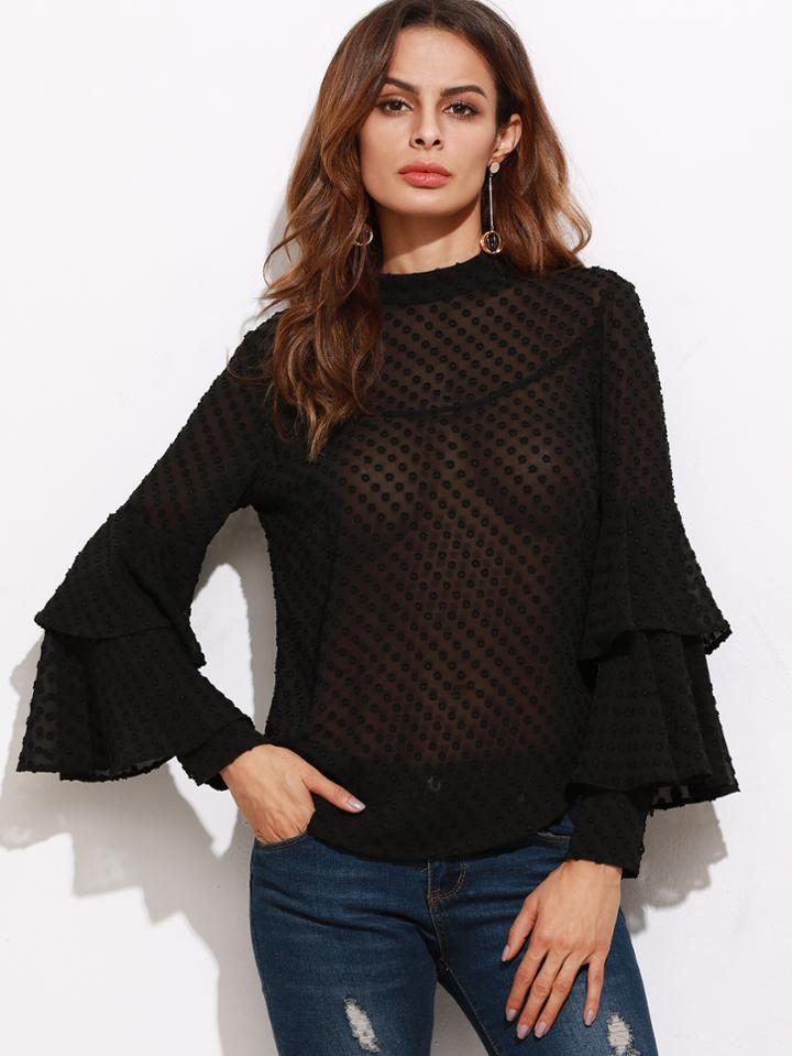 Shein Ruffle Flute Sleeve Keyhole Back Sheer Blouse