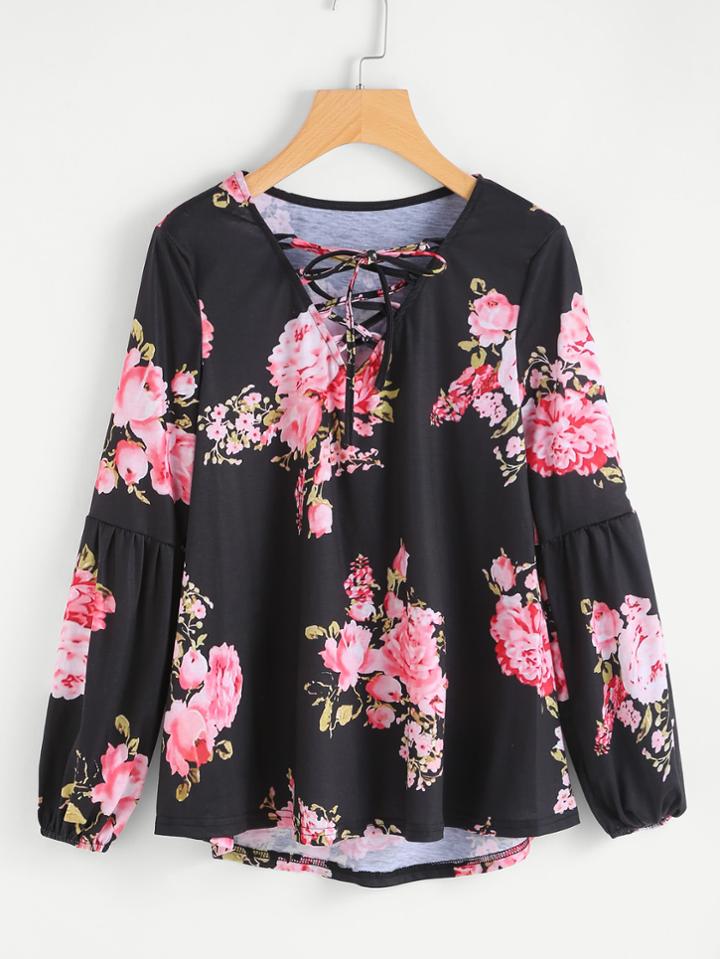 Shein V-neckline Lace Up Random Florals Tee