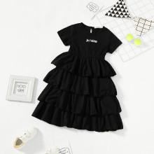 Shein Girls Letter Print Tiered Ruffle Hem Dress