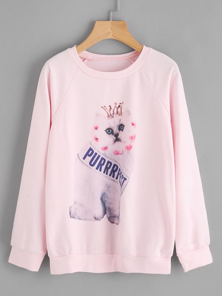 Shein Raglan Sleeve Cat Print Sweatshirt