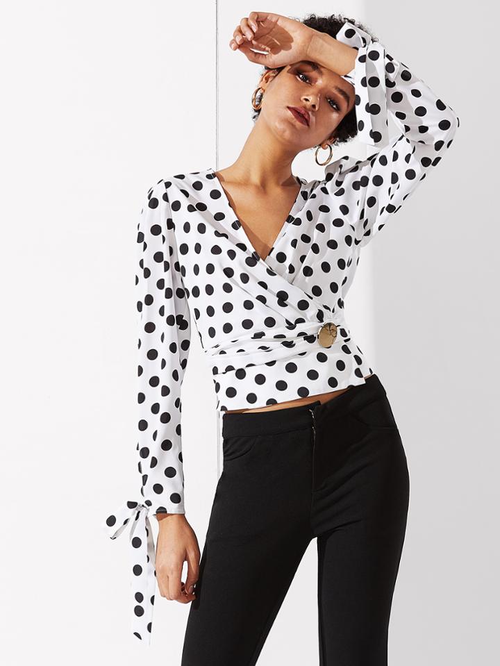 Shein Gigot Sleeve Polka Dot Wrap Top