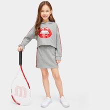 Shein Girls Striped Tape Side Mouth Print Hoodie & Skirt Set