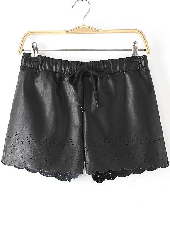 Shein Black Scalloped Hem Drawstring Waist Pu Shorts