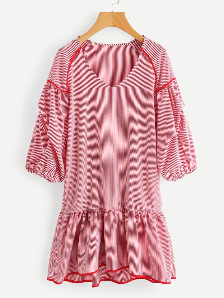 Shein Contrast Trim Gathered Sleeve Vertical Striped Frill Hem Dress