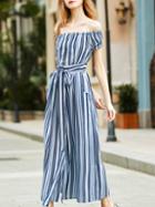 Shein Blue Striped Off The Shoulder Tie-waist Dress