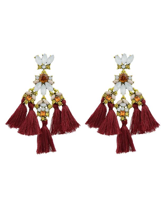 Shein Red Rhinestone And Colorful Tassel Big Geometric Chandeliers Earrings
