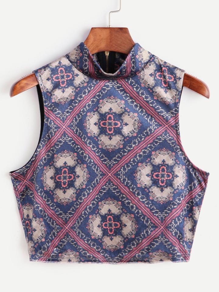 Shein Tribal Print High Neck Zipper Back Tank Top