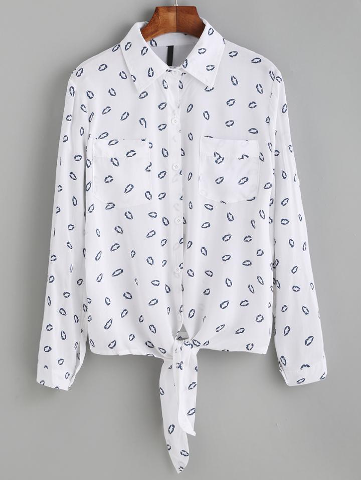 Shein White Kont Front Lip Print Blouse