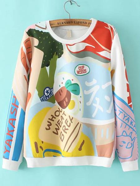 Shein Multicolor Crew Neck Cartoon Print Sweatshirt