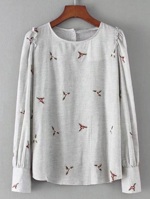 Shein Frill Detail Embroidered Blouse