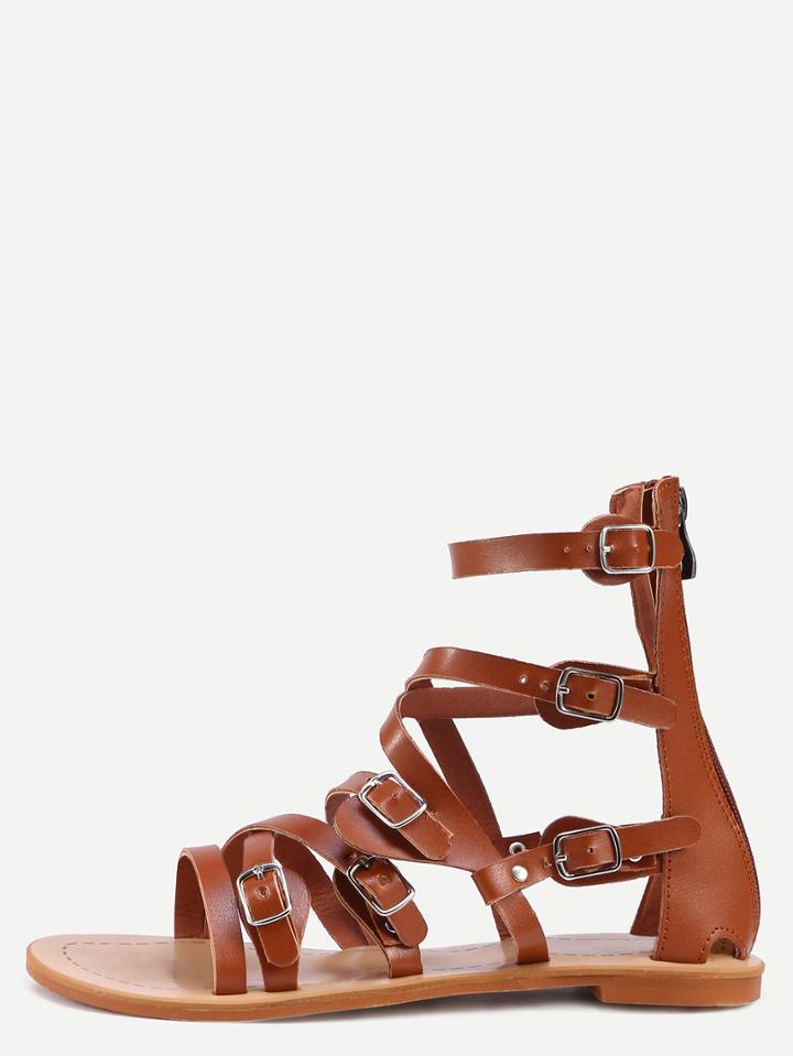Shein Brown Peep Toe Buckle Strap Sandals