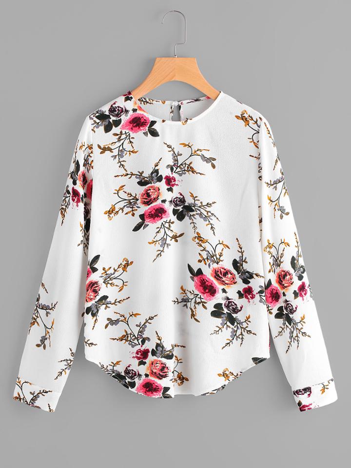 Shein Flower Print Keyhole Back Curve Hem Blouse