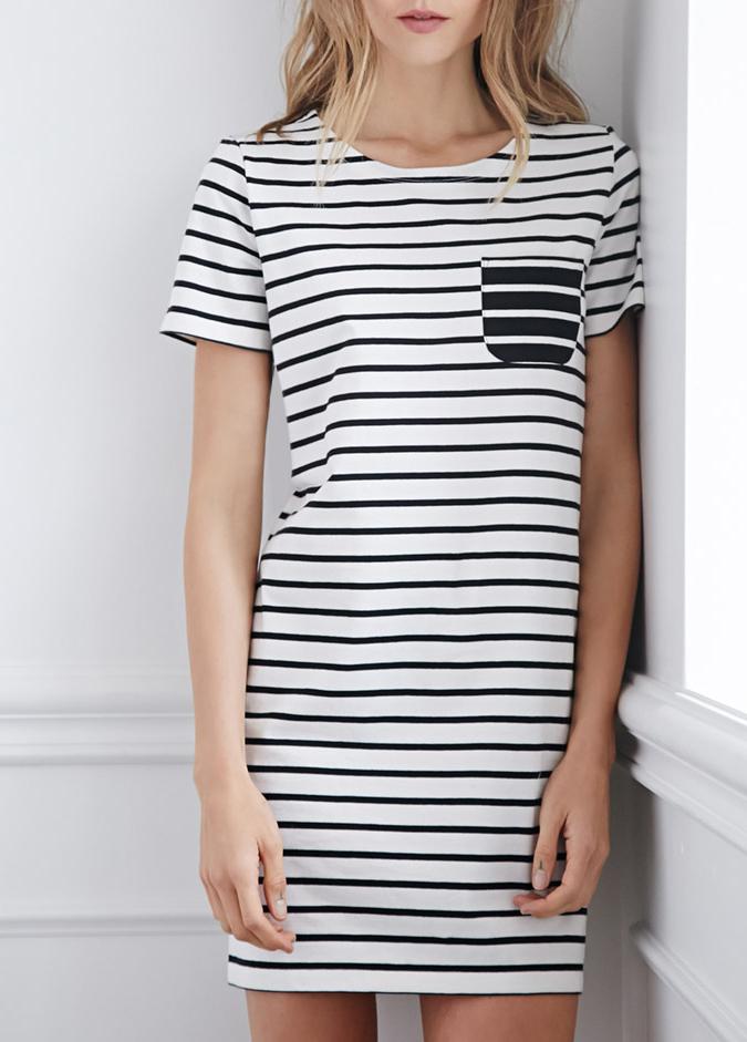 Shein White Black Short Sleeve Striped Dress